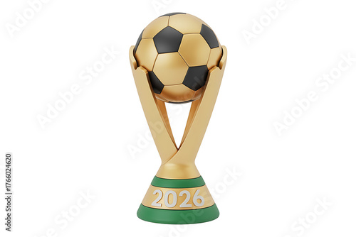 Golden soccer ball trophy displayed on a pedestal, signifying victory and sporting achievement.
