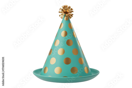 Festive teal party hat with gold polka dots and a decorative golden top.