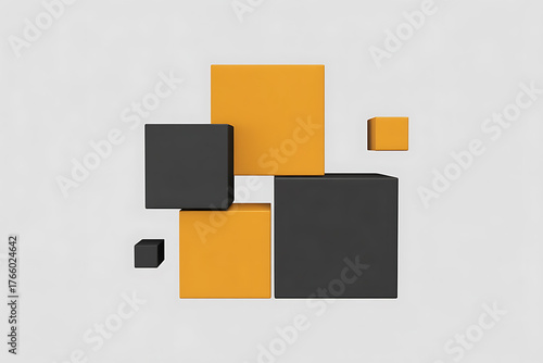 Geometric shapes in orange and black create a dynamic, modern, and abstract composition.