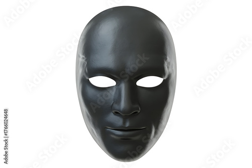 Sleek, black, faceless mask with blank eyes, representing anonymity and hidden identity.