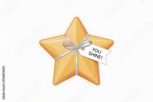 Golden star shape tied with silver ribbon, a tag reads 
