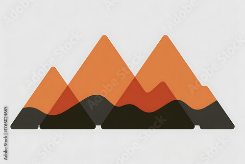 Geometric mountain range design featuring layered triangles in shades of orange and black.