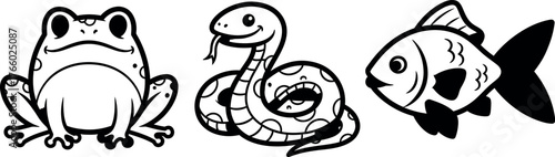 Vector art of three cute cartoon animals a frog, a snake, and a fish