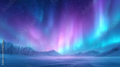 Colorful northern lights illuminate the night sky above a serene snow-covered landscape. Mountains stand tall in the background, creating a breathtaking scene of nature's beauty