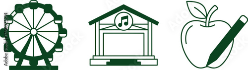 Vector art of collection of icons ferris wheel, music stage, and apple with pencil