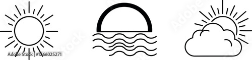 Vector art of set of three simple line art icons representing weather elements sun, sunrise over water, and sun behind a cloud