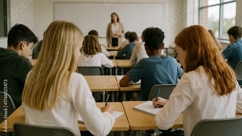 Classroom scene shows students focused on their work while teacher presents engaging lesson, highlighting educational environment and collaboration
