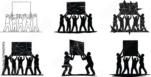 ilhouettes of people lifting textured rectangular signs, teamwork concept, group effort, unity, pattern variation, collaborative support, abstract illustration