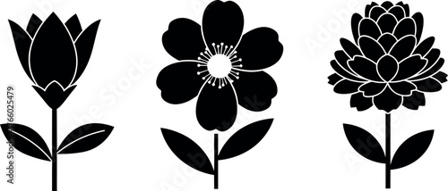 Vector art of three stylized grey flowers with stems and leaves