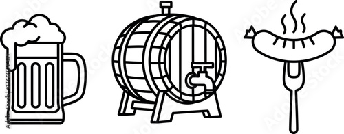 Vector art of beer mug, wooden barrel, and sausage on a fork