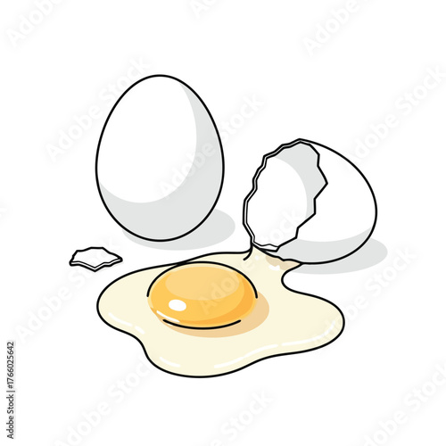 Vector art of a cracked egg with a yolk and white spilled on a, next to a whole egg