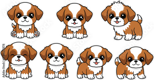 Adorable Cavalier King Charles Spaniel Puppies Collection Playful and Sweet Cartoon Dogs with White Patches Sitting and Standing Cute Canine Companions For Pet Lovers