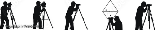 Silhouette land surveyors using theodolites, tripod-mounted equipment, black icons, measurement poses, construction planning, civil engineering, geometric diagram, field activity