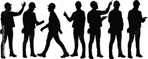 Silhouette of construction workers wearing safety helmets discussing project plans, teamwork communication on building site, industrial engineering professionals collaboration concept illustration