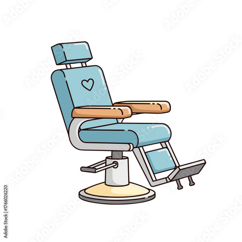 Hair salon chair with light blue upholstery and wooden armrests  