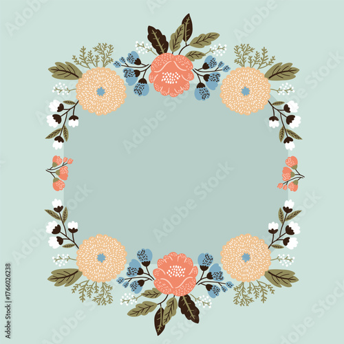 Decorative vintage frame with a floral pattern, executed in delicate tones. Flat vector illustration.