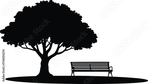 Silhouette of large tree and park bench on ground, peaceful outdoor nature scene representing relaxation, solitude, and tranquil landscape design