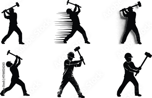 Silhouette of man swinging sledgehammer in various poses, construction worker action, labor force strength, industrial motion, helmet safety illustration