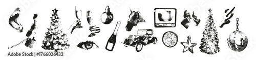 Stipple Christmas and New year elements set. Vintage dotted stickers, cheers with champagne, disco ball, mouth, deer antlers. Grunge gritty design for punk collage. Retro photocopy vector illustration