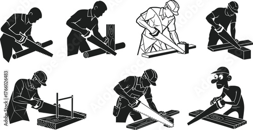 Silhouette people sawing wood, hand saw techniques, carpentry workers, woodworking tools, manual cutting, black icons, posture variations, lumber work