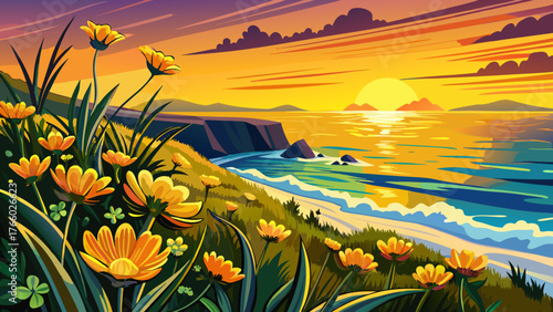Very beautiful, yellow flowers and sunset over the Pacific Ocean at Salt Creek Beach in Dana Point, California, golden sky, glowing clouds, gentle waves, sandy shore, coastal cliffs, and peaceful ocea