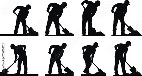 Silhouette worker shoveling material, manual labor sequence, black icons, digging posture, cap attire, physical effort, construction task, motion stages, ergonomic action