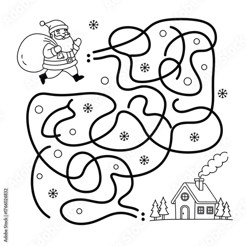 Vector art of a black and white maze illustration featuring santa claus carrying a sack of gifts, snowflakes, and a small house with smoke coming from the chimney