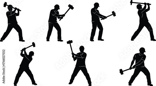 Silhouette workers swinging sledgehammer, black icons, manual labor poses, construction tools, striking motion, posture variation, physical effort, industrial task