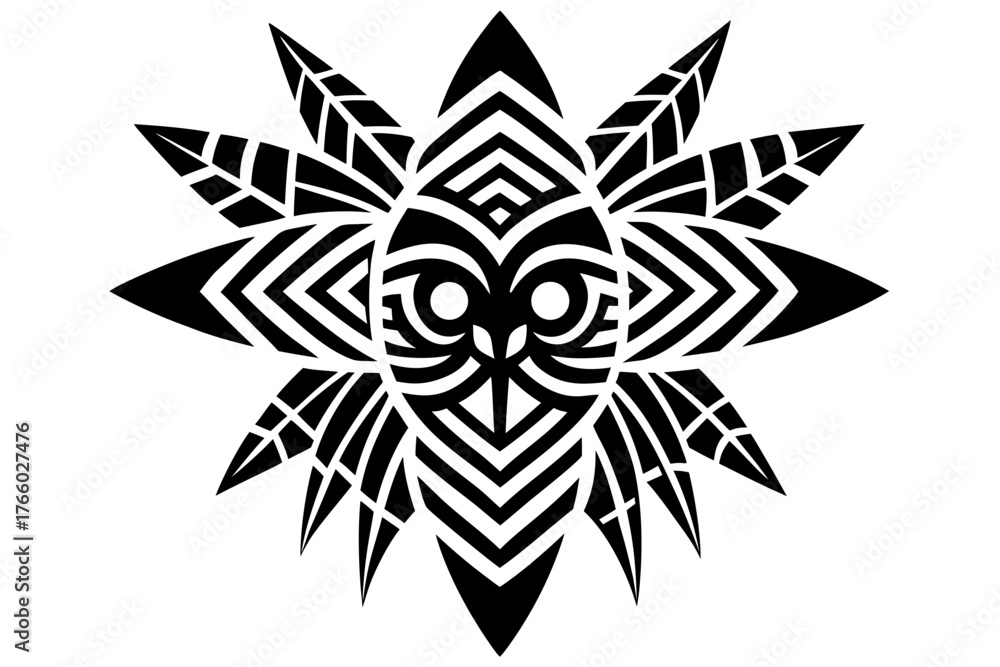 Obraz premium Tribal owl face with feathered headdress silhouette isolated on white background