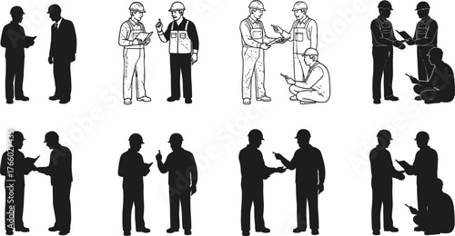Silhouette workers assembling panels, construction sequence, black icons, hard hats, tool belts, lifting posture, manual handling, step-by-step task action