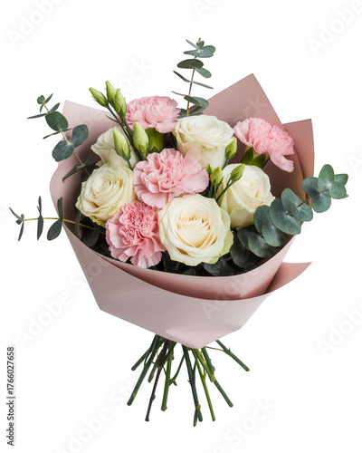 A bouquet of Transparent Background white roses and pink carnations with eucalyptus leaves flowers