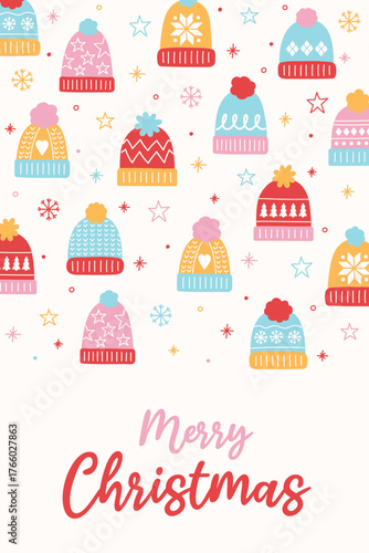 Colourful Christmas greeting card with cartoon winter hats. Vector illustration
