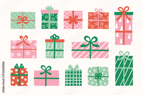 Collection of colourful hand drawn gift boxes. Christmas elements. Vector illustration