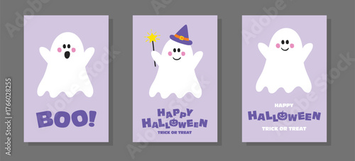 Happy Halloween. Cute cards with hand drawn ghost. Set. Vector illustration