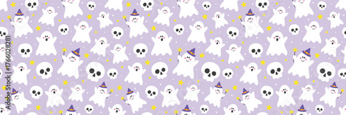 Halloween background. Seamless texture with cute ghosts and skulls. Banner. Vector illustration