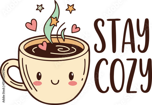 Stay Cozy Cute Kawaii Coffee Mug Vector Illustration with Hearts