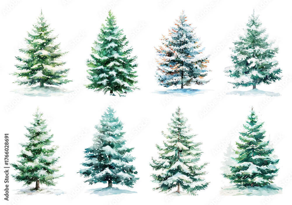 Obraz premium PNG Watercolor snowy evergreen trees, element set on transparent background