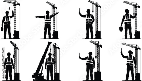 Silhouettes of construction workers and equipment with tower cranes, toolbox, tools, gestures, safety gear, industrial site, lifting and pointing illustration