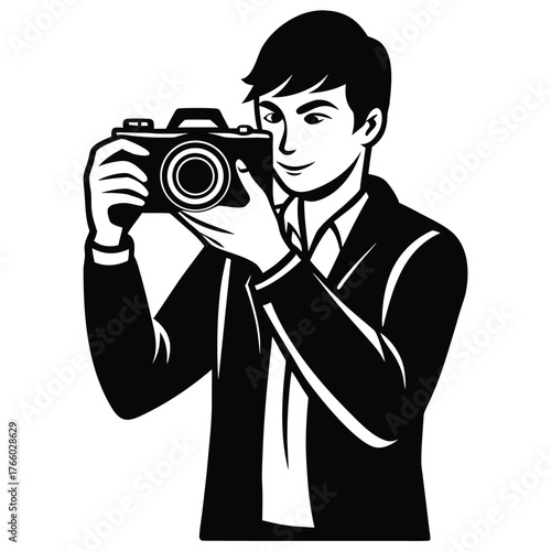 Photographer silhouette crouching with tripod camera shooting professional photography black and white vector