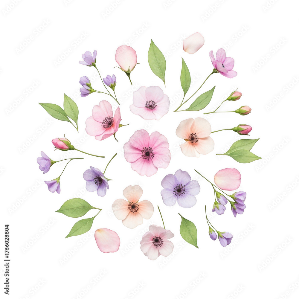 Fototapeta premium Delicate watercolor floral arrangement in soft hues with green leaves on black isolated on transparent background