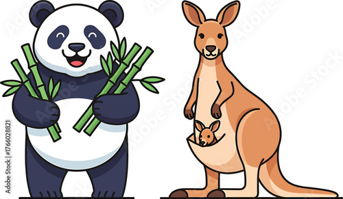 Adorable Panda with Bamboo and Kangaroo with Joey Cartoon Illustration Australian Animal Duo Vector Graphic Happy Wildlife Scene