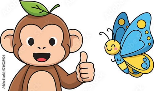 Delightful Monkey with Thumbs Up and Butterfly Cartoon Illustration Animal Friends Forest Duo Vector Graphic Happy Wildlife Scene