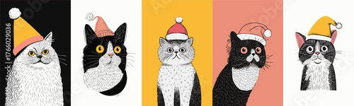 Cute hand drawn cats in Santa hats, festive winter holiday illustration