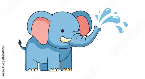 Cute cartoon elephant spraying water from its trunk on a clean white background
