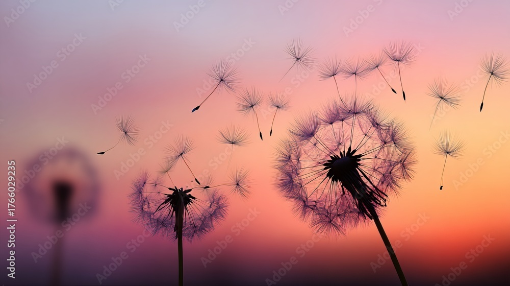 Obraz premium Gentle dandelions release seeds into a breathtaking sunset gradient sky, symbolizing hope and new beginnings in nature's embrace.