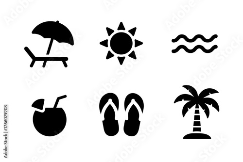 Collection Of Six Black Summer Holiday Icons Featuring A Beach Chair With Umbrella Sun Waves A Coconut Drink Flip Flops And A Palm Tree On A White Background