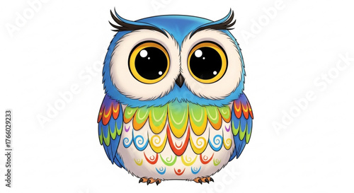 Cute cartoon owl with big eyes and colorful feathers against a white background