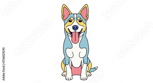 Cartoon dog sitting with tongue out in blue yellow and pink color palette