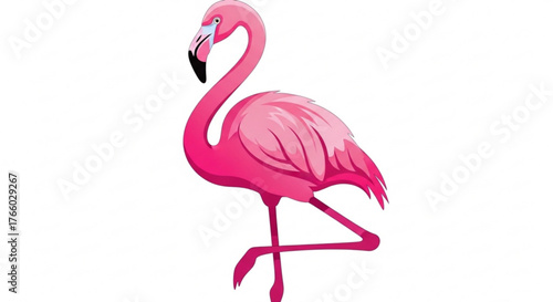 Elegant pink flamingo standing gracefully on one leg against a white backdrop