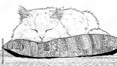 Adorable Cat Resting on Colorful Pillow Coloring Page Vector